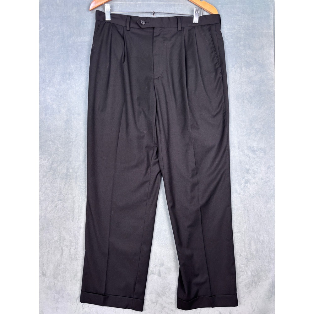 Mens Black Double Pleated Cuffed Dress Pants Washable 34W x 30L RN 69456